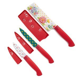 Pioneer Woman Blooming Bouquet Stainless Steel Knife 3Pc Set W Sheath Floral Red
